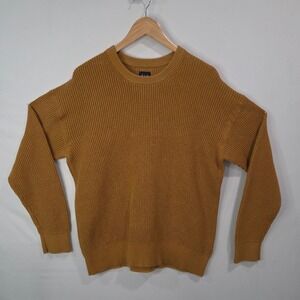 GAP Mens Cotton Fisherman Knit Crewneck Sweater L Gold Honey Mustard Casual